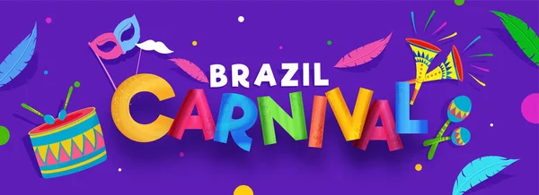 Colorful Lettering Brazil Carnival Party Elements Decorated Purple Background Header — Stock Vector