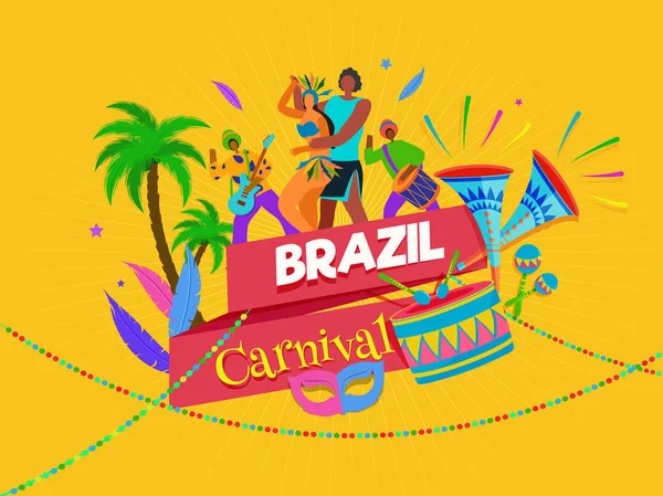 Brezilya Karnaval Kutlama Banner Tasarımı Insanlar Karakter Resimde Sarı Zemin — Stok Vektör