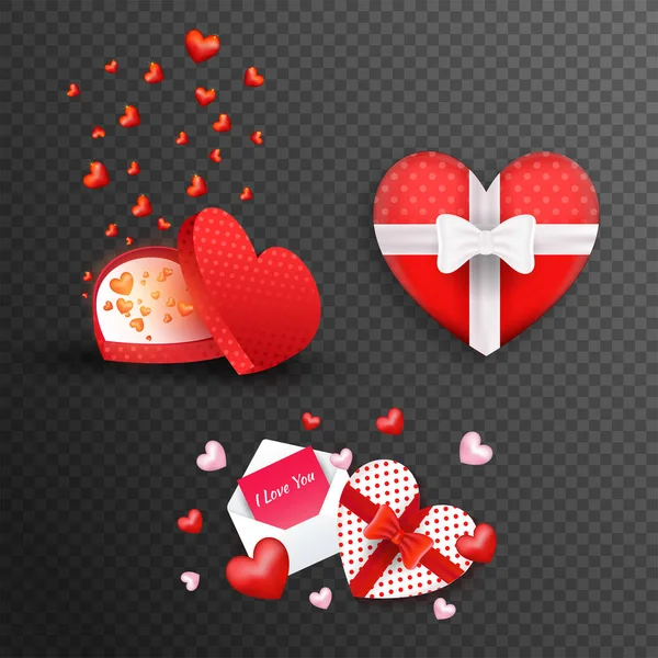 Szív Alakú Díszdobozok Üdvözlőlap Fekete Png Háttér Valentine Day Celebration — Stock Vector
