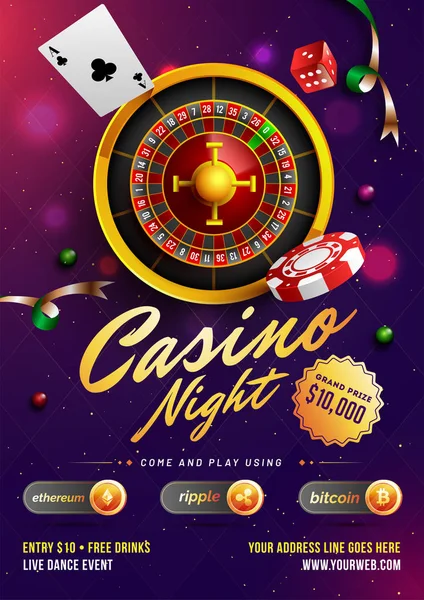 Casino Night Mall Eller Flyer Design Med Realistiska Roulette Hjulet — Stock vektor