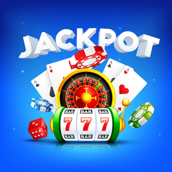 Text Jackpot Ruletou Automat Hrací Karty Kasino Čip Modrém Pozadí — Stockový vektor