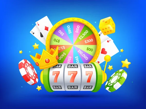 插图老虎机 轮盘赌 扑克牌和赌场芯片在蓝色背景上赌博之夜庆祝概念 — 图库矢量图片