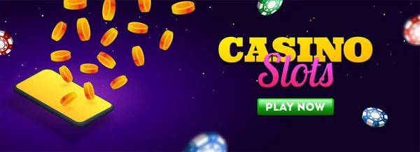 Casino Slots Header Banner Design Smartphone Gold Coins Casino Chips — Stock Vector