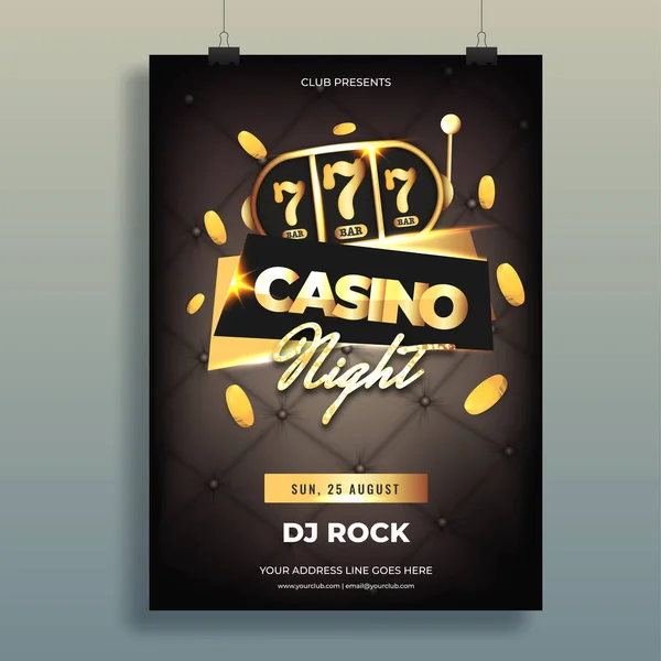 Casino Night Party Vorlage Design Mit Realistischen Goldmünzen Und Spielautomaten — Stockvektor