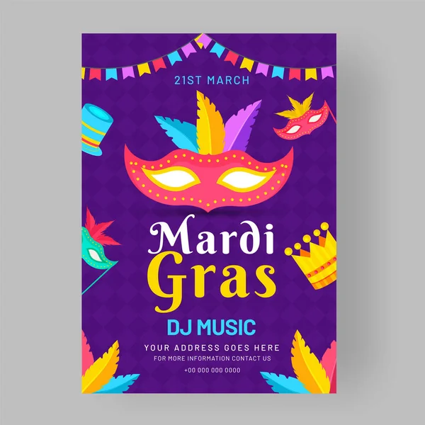 Flachen Stil Mardi Gras Party Vorlage Oder Flyer Design Mit — Stockvektor