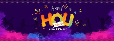 % 50 ile mavi arka plan üzerinde yaratıcı metin mutlu holi festival Satılık üstbilgi veya banner tasarımı için teklif indirim.