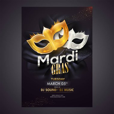 Altın ve gümüş parti maskeleri illüstrasyon ipek kumaş arka planda Mardi Gras şablon tasarımı.