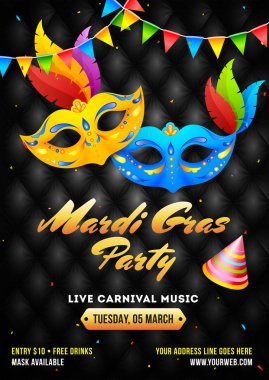 Vektör çizim şapka siyah doku arka planda Mardi gras parti şablon tasarımı ve parti maske.