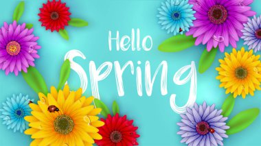 Merhaba bahar afiş tasarımı için mavi arka plan üzerinde renkli gerbera papatya çiçekler illüstrasyon.