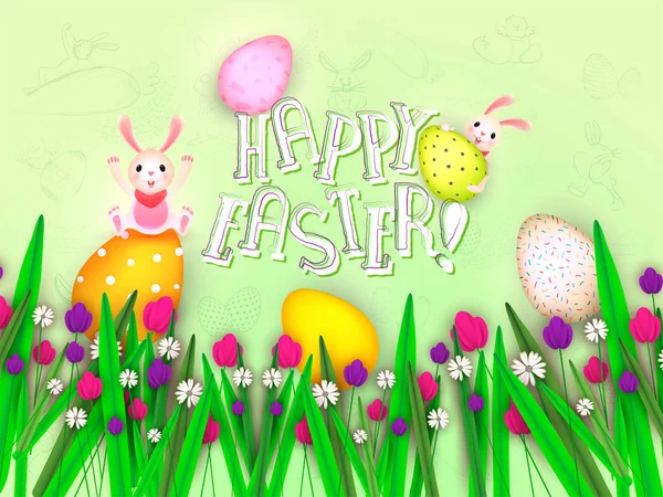 Illustration of cute bunny with colorful easter eggs and flowers on green background for Happy Easter celebration concept.