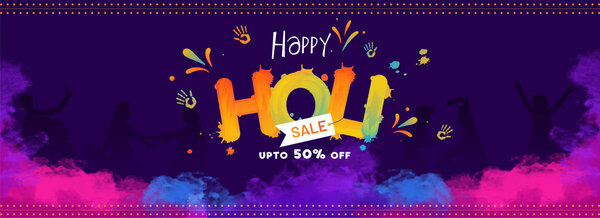 Creative text happy holi on blue background with 50% discount offer for festival sale header or banner design.