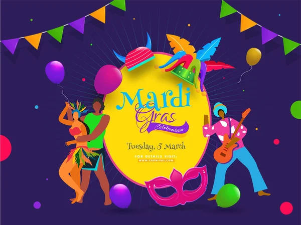 Dancing couple character with party mask, jester hat and balloons on purple background for Mardi Gras party celebration poster or banner design.