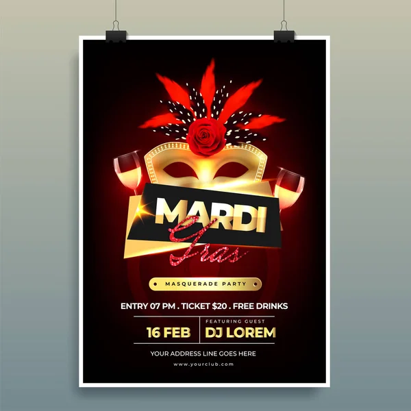 Mardi Gras Vorlage Oder Flyer Design Mit Uhrzeit Datum Und — Stockvektor