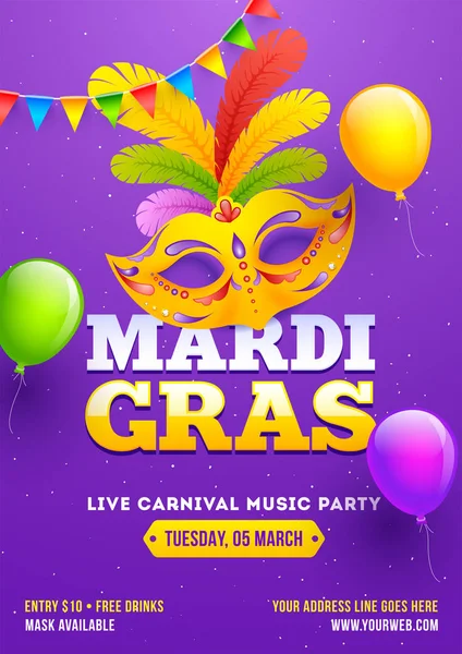 Illustration of party mask with colorful balloons on purple background for Mardi Gras party template design.