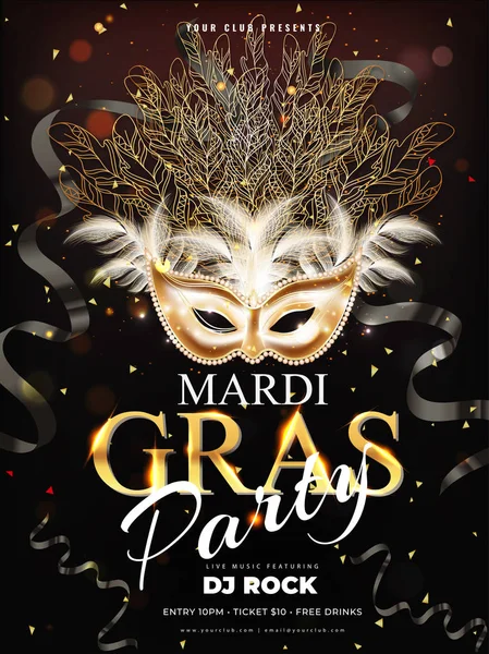 Realistic party mask illustration with shiny text mardi gras and ribbons for carnival party flyer design.