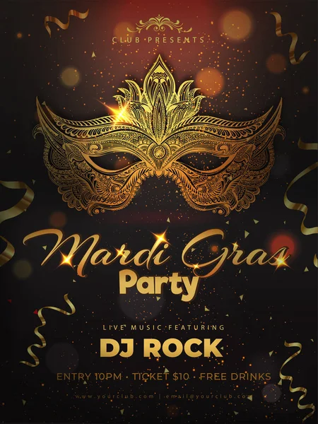 Shiny golden party mask in doodle style on brown bokeh background for Mardi Gras party template design.
