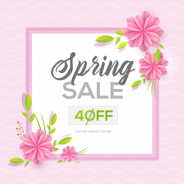 Spring sale template or poster design with 40% discount offer and decorative paper flowers. 