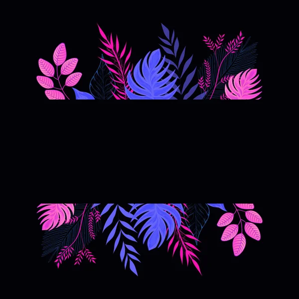 Foglie Tropicali Rosa Blu Decorate Sfondo Nero Con Spazio Testo — Vettoriale Stock