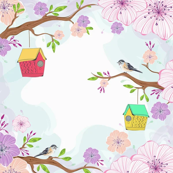 Bello Ramo Fiori Sakura Con Appeso Uccello Case Illustrazione Stagione — Vettoriale Stock