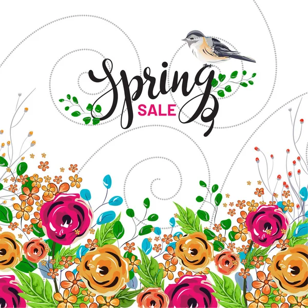 春季销售模板或海报设计与时尚的春天在五颜六色的花装饰的背景 — 图库矢量图片