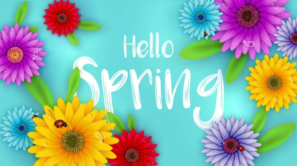Illustrazione Colorata Fiori Margherita Gerbera Sfondo Blu Hello Spring Poster — Vettoriale Stock