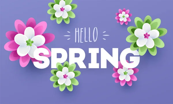 Papier Snijbloemen Ingericht Paarse Achtergrond Met Typografie Van Hello Spring — Stockvector