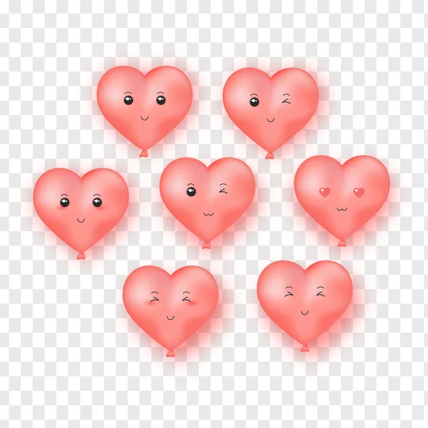 Милі Кульки Серця Кумедними Виразами Обличчя Прозорому Фоні — стоковий вектор
