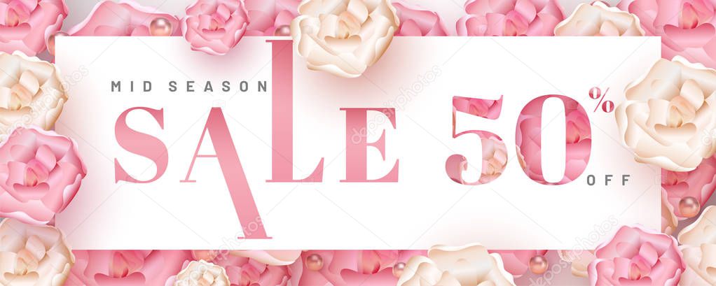 Realistic flowers and pearls decorated pink background for mid season sale header or banner design with 50% discount offer.