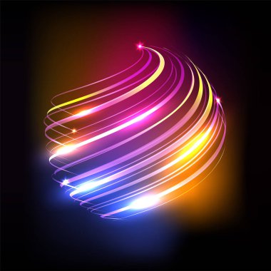 Küre bilim veya teknoloji kavramı için siyah arka plan üzerinde olarak vektör çizim parlak eğik çizgiler oluşur.