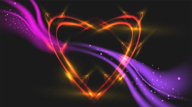 Mor dalgalı soyut siyah arka plan üzerine etkisi aydınlatma tarafından yapılan kalp şekli.