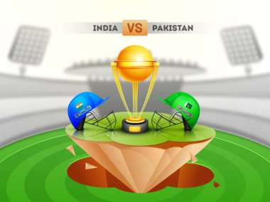 Hindistan vs Pakistan Kriket kıyafetleri kask gösterimi ile ve bulanık Stadyumu arka plan şampiyon Kupası kriket maçı.