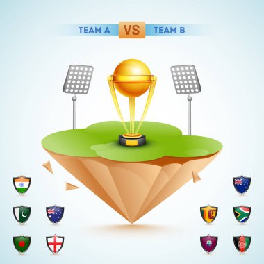Kriket Dünya Şampiyonası afiş tasarımı ile Altın Kupa ve katılımcı ülkeler bayrak kalkanlar çizimi.