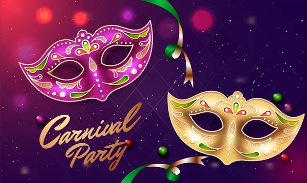 Zlatý Fialový Masky Obrázek Pozadí Bokeh Karneval Párty Oslava Plakátu — Stockový vektor