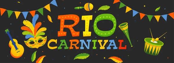 Rio Carnival Diseño Cabecera Pancarta Con Máscara Fiesta Ilustración Instrumentos — Vector de stock