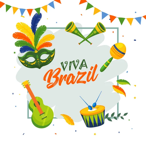 巴西万岁模板或海报设计与乐器例证在白色背景 — 图库矢量图片