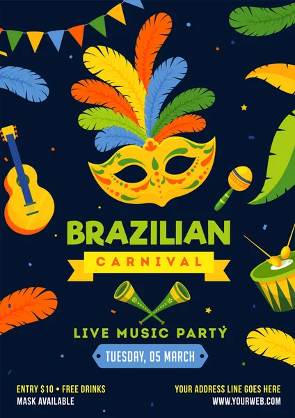 巴西狂欢节模板或传单设计 带党的面具和时间 场地细节的插图 — 图库矢量图片
