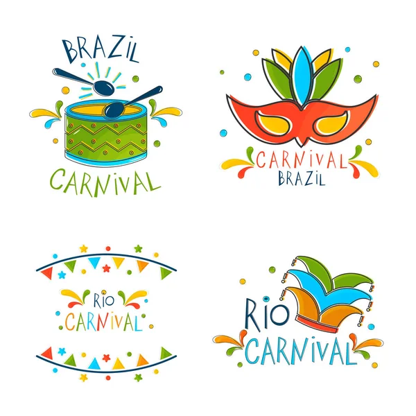 Brazilian Carnival Celebration Emblem Label Badges Drum Mask Jester Hat — Stock Vector