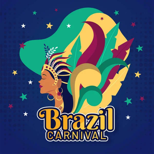 Hermosa Mujer Traje Carnaval Con Letras Estilo Pegatina Brasil Carnaval — Vector de stock