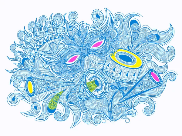 Han Gezeichnete Partymaske Mit Musikinstrumenten Illustration Für Karnevalskonzept — Stockvektor