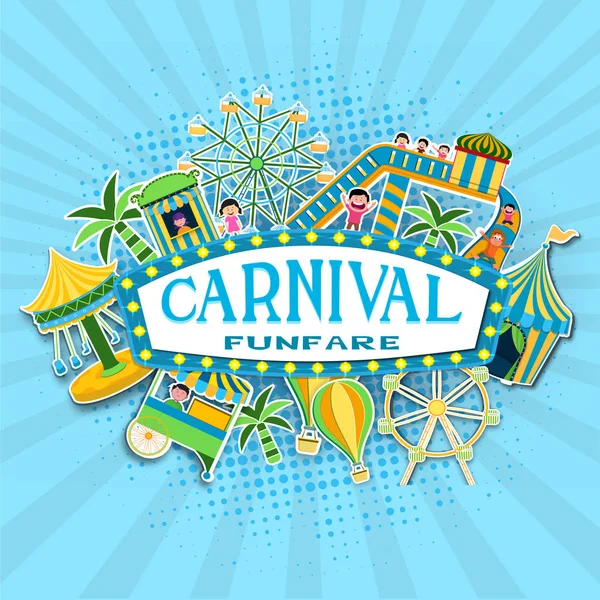 Carnaval Kermis Viering Achtergrond Met Sticker Stijl Tent Huis Reuzenrad — Stockvector