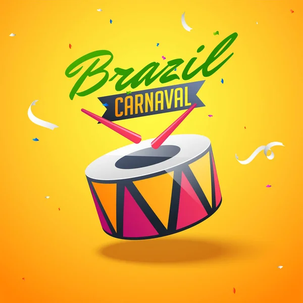 Carnaval Brazylia Celebracja Plakat Ilustracji Bębna Laskami Błyszczącym Pomarańczowym Tle — Wektor stockowy