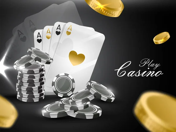 Illustration Jetons Casino Cartes Jouer Pièces Sur Fond Noir Pour — Image vectorielle