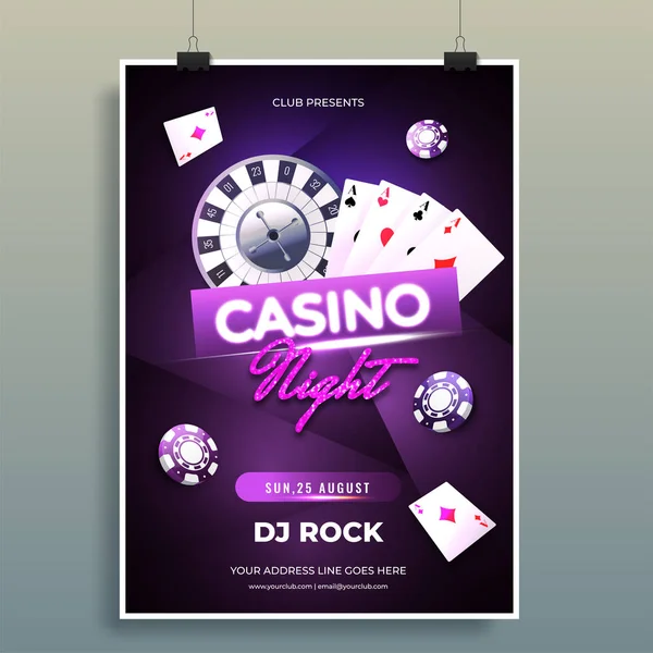 赌场之夜派对模板设计与现实轮盘赌轮 扑克牌和赌场芯片插图在紫色背景 — 图库矢量图片