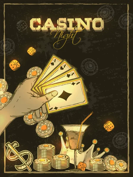 Stile Retrò Casino Night Disegno Carte Invito Con Carte Gioco — Vettoriale Stock