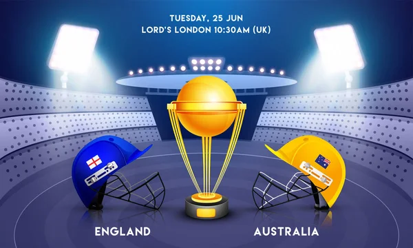 Match England Australia Con Ilustración Cascos Cricket Realistas Trofeo Campeón — Archivo Imágenes Vectoriales