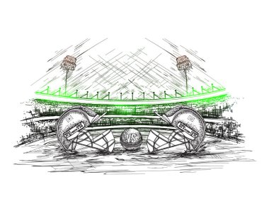 Katılımcılar kriket kıyafetleri kask yüzü olarak topa elle çizilmiş tarzı kriket Stadyumu arka plan ile kapalı tutulan. Kriket Turnuvası posteri veya başlığı tasarım.