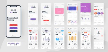 Fitness mobil app malzeme tasarımına işareti dahil olmak üzere farklı GUI ekranları ile oluşturmak profili, egzersiz ve istatistik özellikleri.