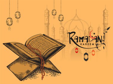 Ramazan Kareem posteri veya başlığı tasarımı için sarı arka plan üzerinde tespih ve Camii illüstrasyon ile Kerim kitap.