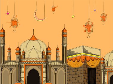Kâbe ve süsler İslam festival Ramazan Kareem kutlama konsept posteri veya başlığı tasarımı için asılı ile kutsal Camii çizimi.