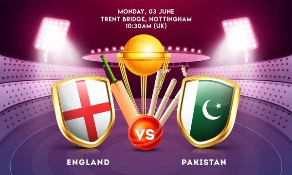 Partido Cricket Entre Inglaterra Pakistán Con Escudos Bandera Nacional Equipos — Archivo Imágenes Vectoriales